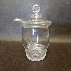 Vintage Duncan & Miller Clear Teardrop Texture Pebbled 3 Piece Glass Mustard Jar